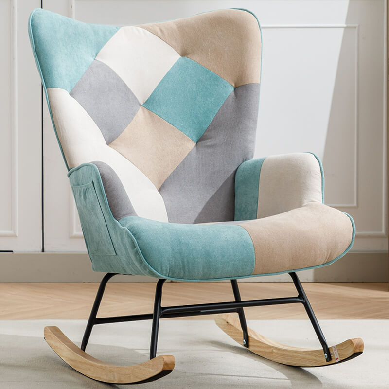 33" Modern Blue Patchwork Accent Rocking Chair with Wooden Legs