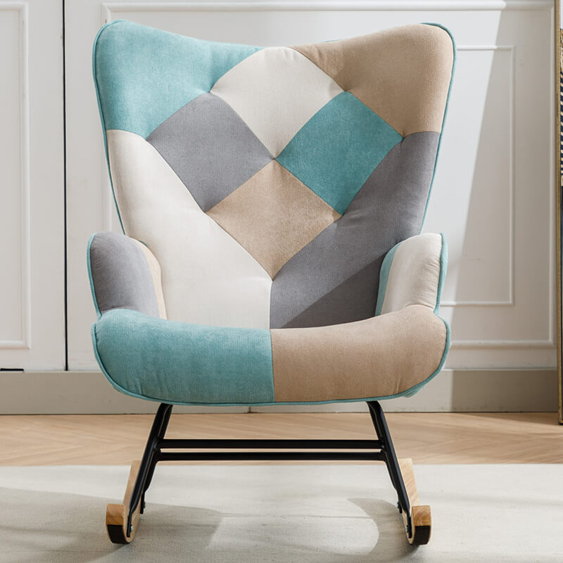 33" Modern Blue Patchwork Accent Rocking Chair with Wooden Legs