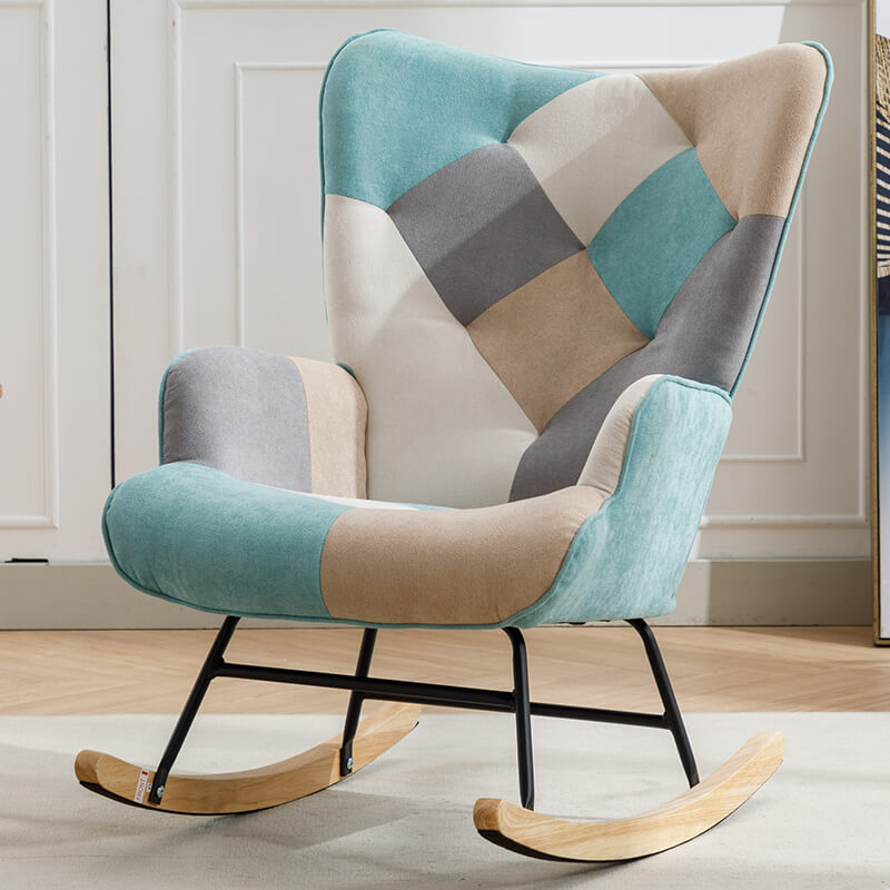 33" Modern Blue Patchwork Accent Rocking Chair with Wooden Legs