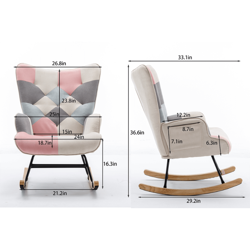 33" Modern Pink Patchwork Accent Rocking Chair 