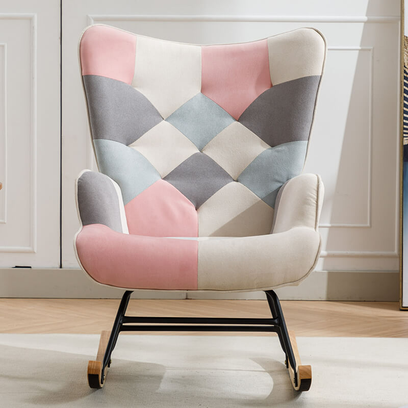 33" Modern Pink Patchwork Accent Rocking Chair with Wooden Legs