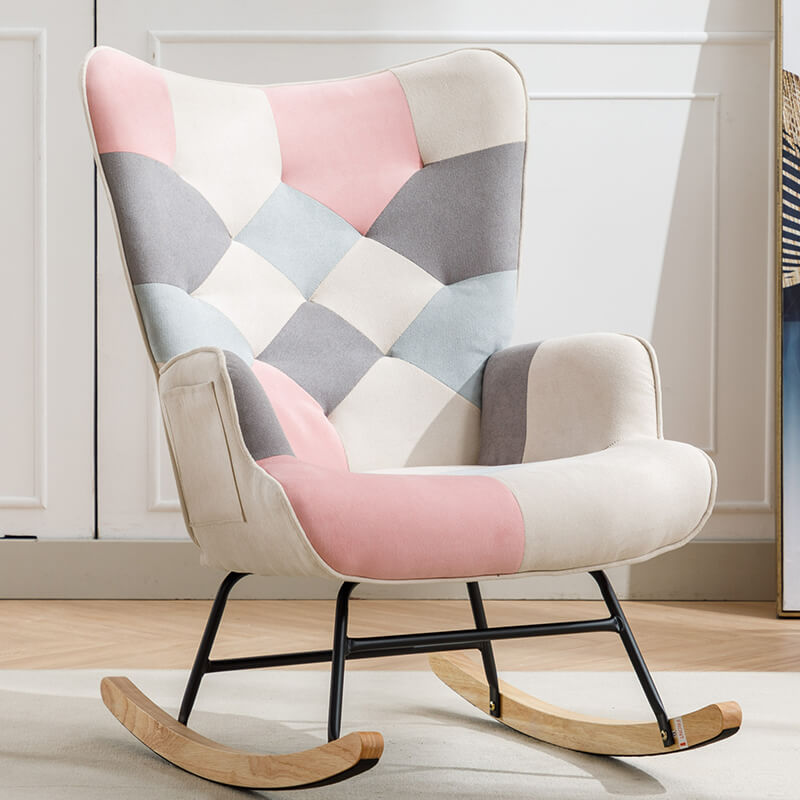 33" Modern Pink Patchwork Accent Rocking Chair with Wooden Legs