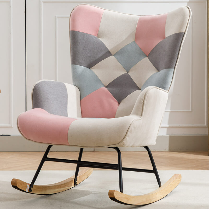 33" Modern Pink Patchwork Accent Rocking Chair with Wooden Legs