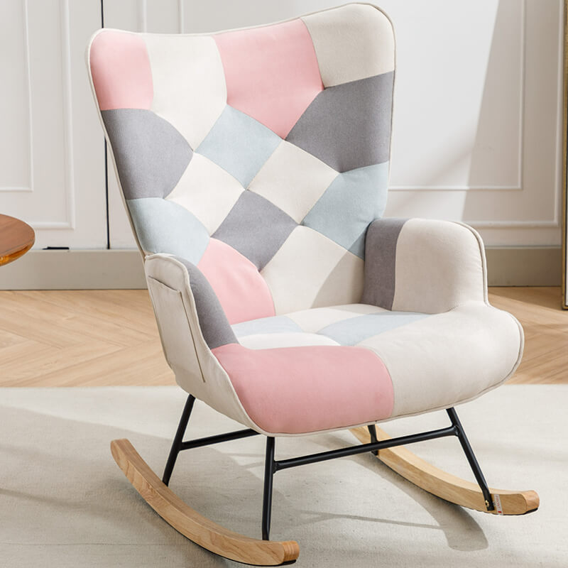 33" Modern Pink Patchwork Accent Rocking Chair with Wooden Legs