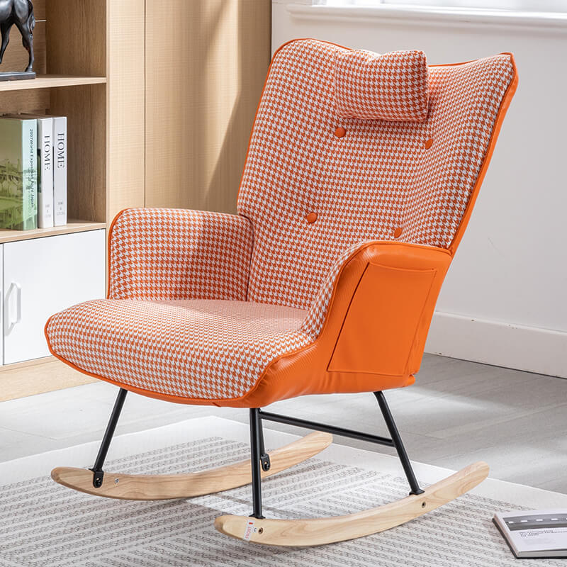 35.5" Orange Houndstooth Fabric Leather Rocking Chair with Footstool