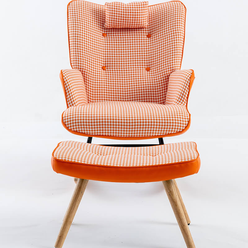 35.5" Orange Houndstooth Fabric Leather Rocking Chair with Footstool