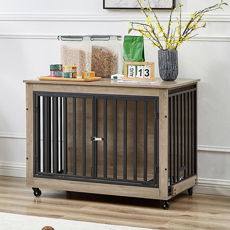 35.8" Grey Furniture Style 3-Door Dog Crate Side Table with Wheels and Flip-Up Top Opening