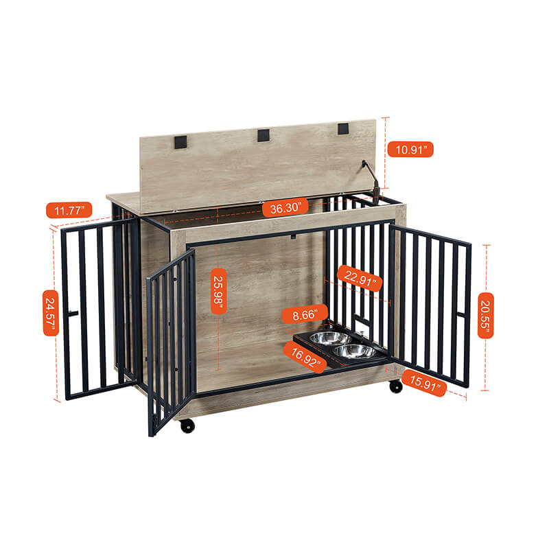 A dimension Image of the 35.8" Grey Furniture Style 3-Door Dog Crate Side Table with Wheels and Flip-Up Top Opening