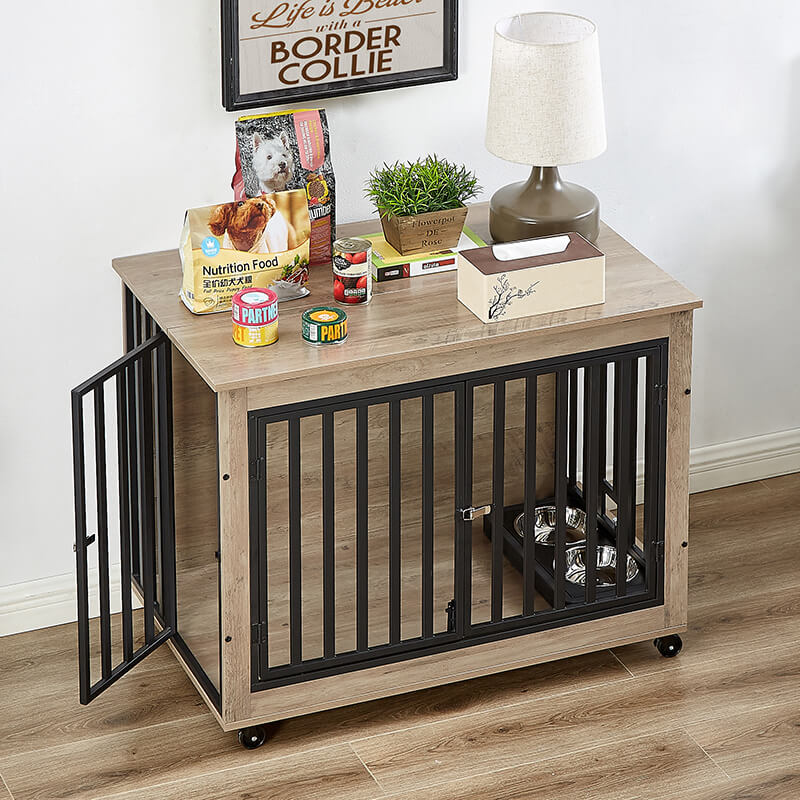 35.8" Grey Furniture Style 3-Door Dog Crate Side Table with Wheels and Flip-Up Top Opening