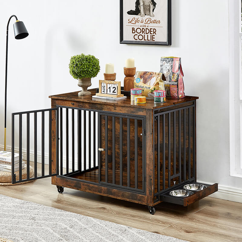 35.8" Rustic Brown Furniture Style 3-Door Dog Crate Side Table with Wheels and Flip-Up Top Opening