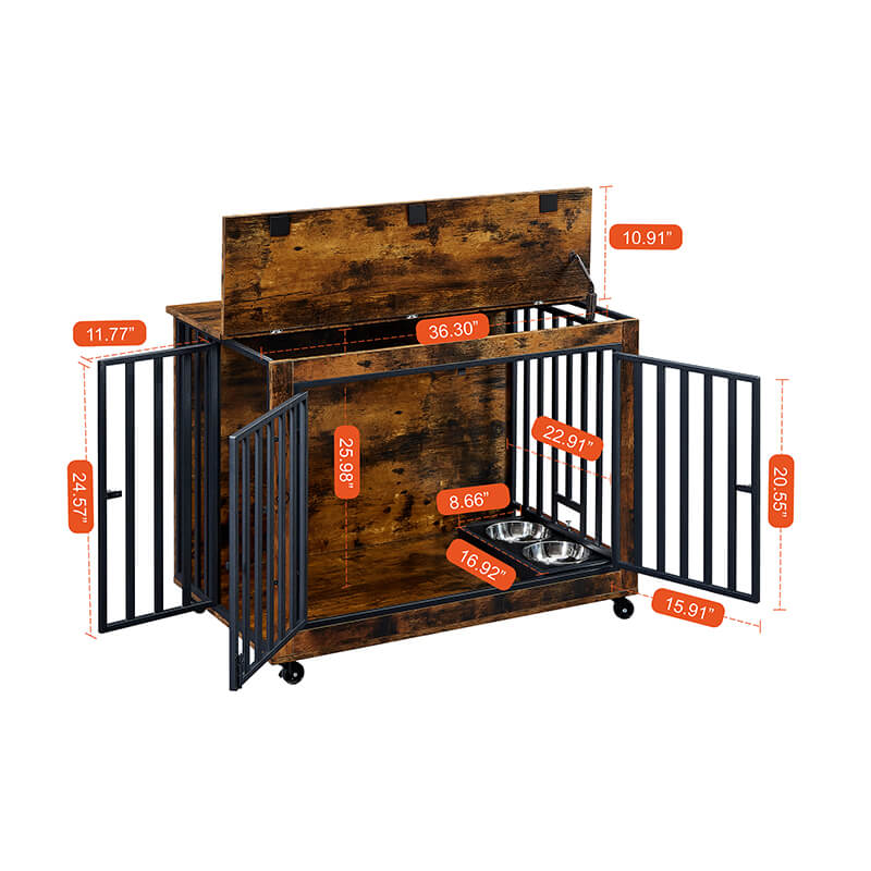 A dimension Image of the 35.8" Rustic Brown Furniture Style 3-Door Dog Crate Side Table with Wheels and Flip-Up Top Opening