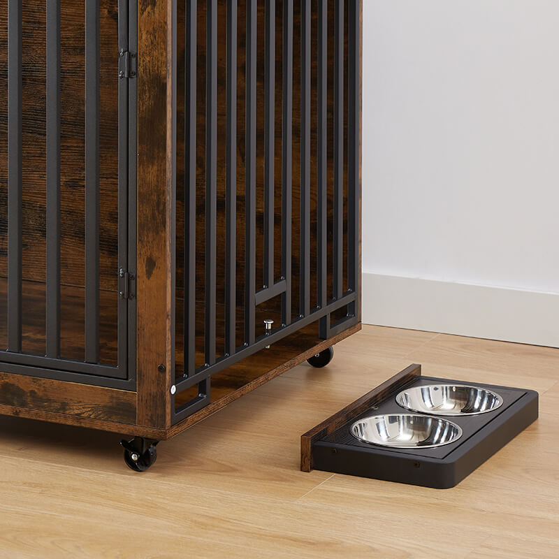 35.8" Rustic Brown Furniture Style 3-Door Dog Crate Side Table with Wheels and Flip-Up Top Opening