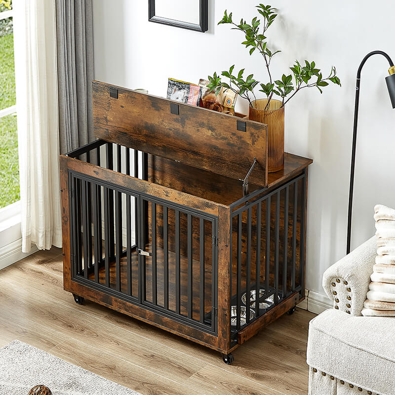 35.8" Rustic Brown Furniture Style 3-Door Dog Crate Side Table with Wheels and Flip-Up Top Opening