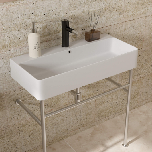 35" Bathroom Ceramic Console Sink with Overflow, Silver Legs