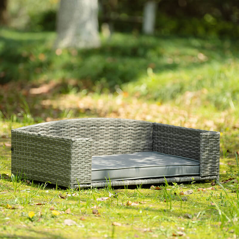 35" Dark Gray Rattan Pet Bed With Cushion