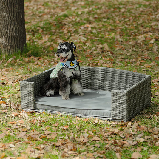 35" Dark Gray Rattan Pet Bed With Cushion