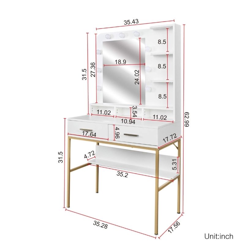 A dimension  image of our 35" Modern White Vanity with Stool and 9-LED Make up Mirror