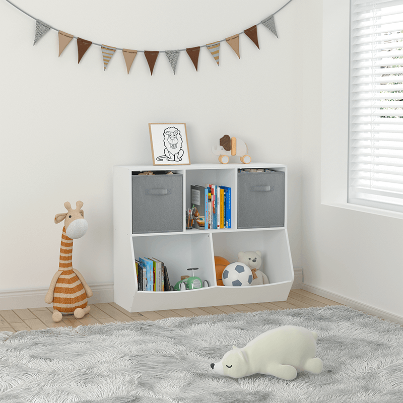 35" White and Gray Kids Bookcase with Collapsible Toy Storage Drawers