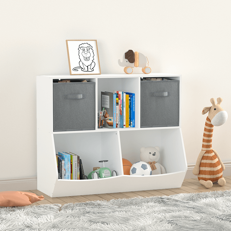 35" White and Gray Kids Bookcase with Collapsible Toy Storage Drawers