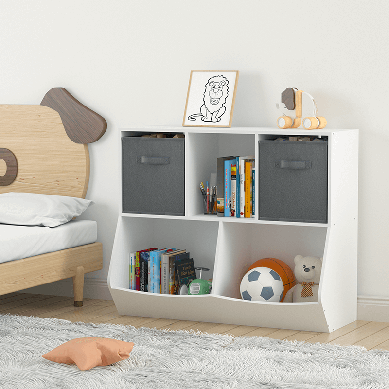 35" White and Gray Kids Bookcase with Collapsible Toy Storage Drawers