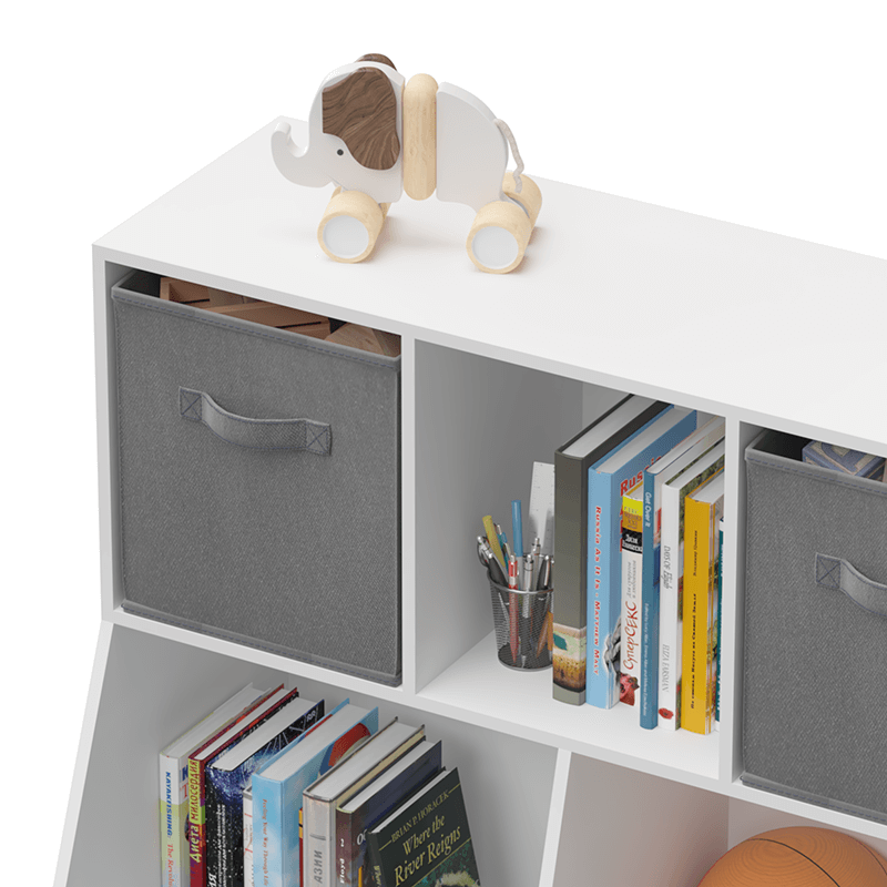 35" White and Gray Kids Bookcase with Collapsible Toy Storage Drawers