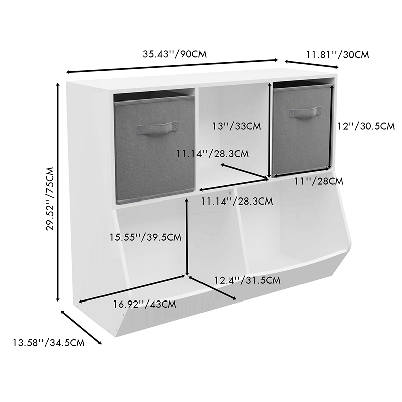 A dimension Image of our 35" White and Gray Kids Bookcase with Collapsible Toy Storage Drawers