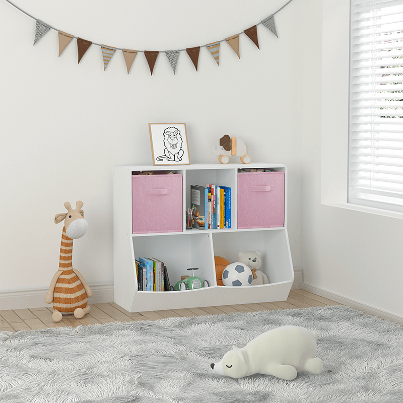 35" White and Pink Kids Bookcase with Collapsible Toy Storage Drawers