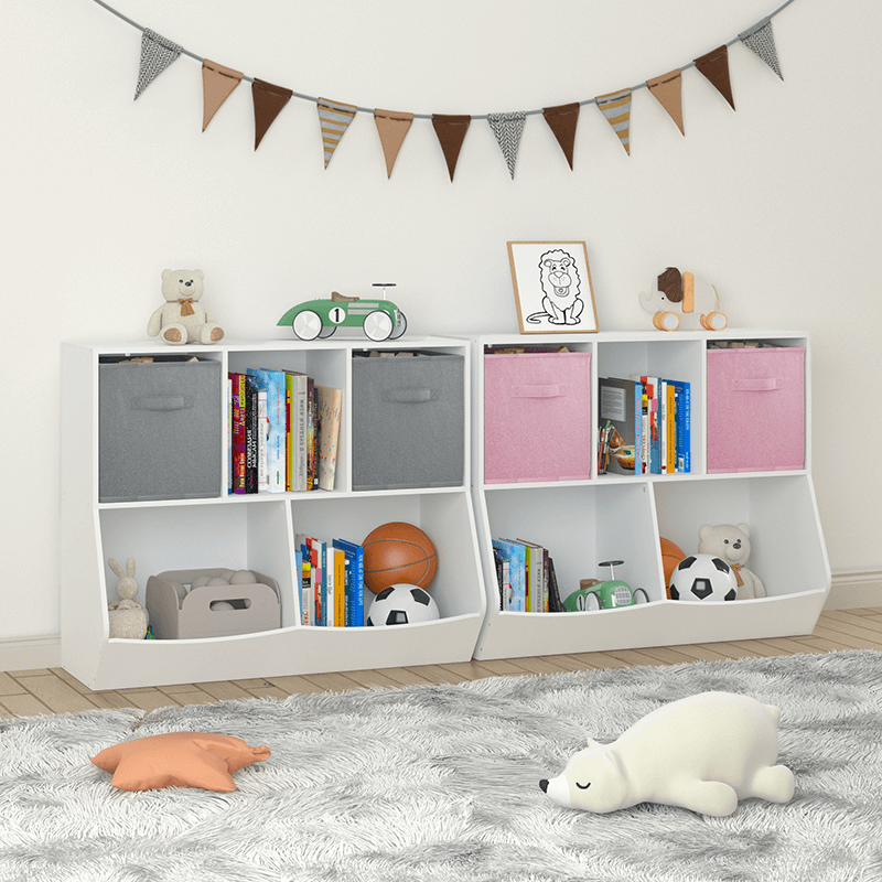 This is an image of two products - The white and gray bookcase, and the white and pink bookcase