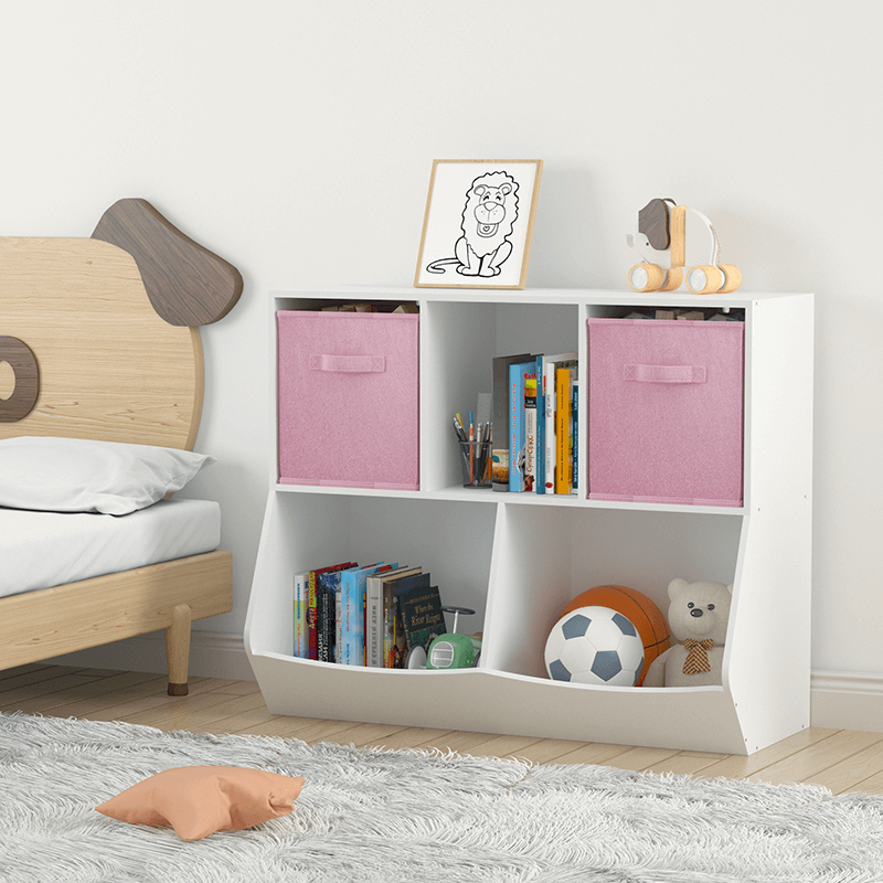 35" White and Pink Kids Bookcase with Collapsible Toy Storage Drawers