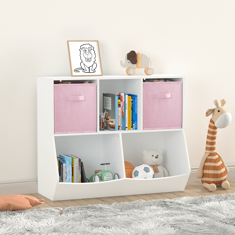 35" White and Pink Kids Bookcase with Collapsible Toy Storage Drawers