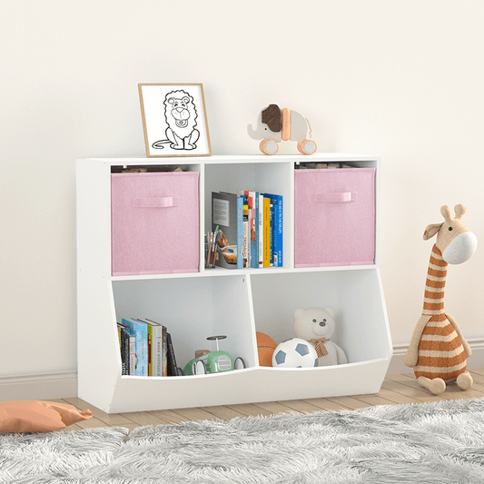 35" White and Pink Kids Bookcase with Collapsible Toy Storage Drawers