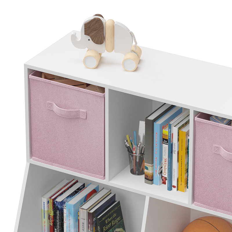 35" White and Pink Kids Bookcase with Collapsible Toy Storage Drawers