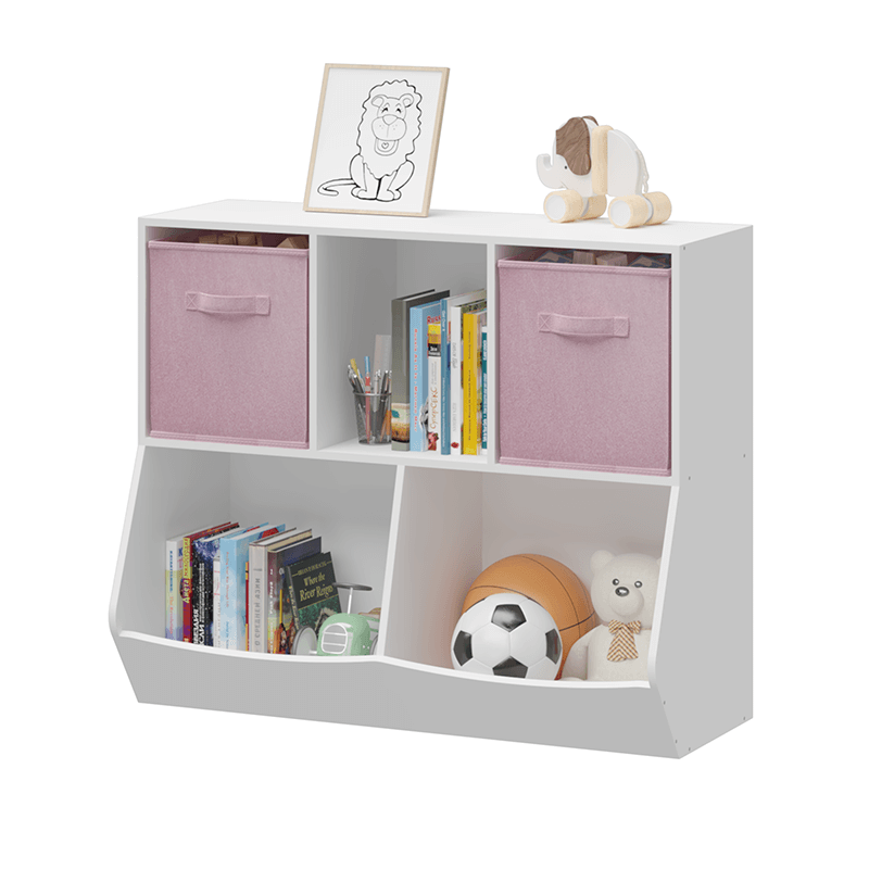 35" White and Pink Kids Bookcase with Collapsible Toy Storage Drawers