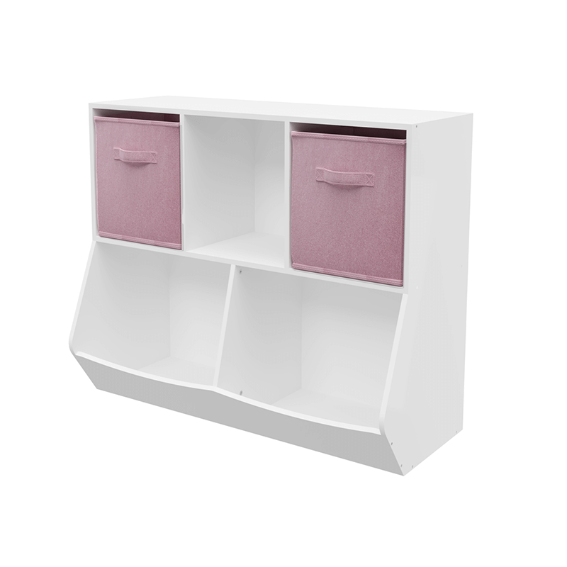 35" White and Pink Kids Bookcase with Collapsible Toy Storage Drawers