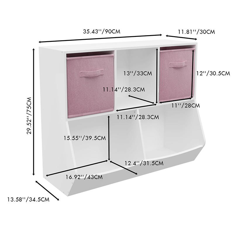 A dimension Image of our 35" White and Pink Kids Bookcase with Collapsible Toy Storage Drawers