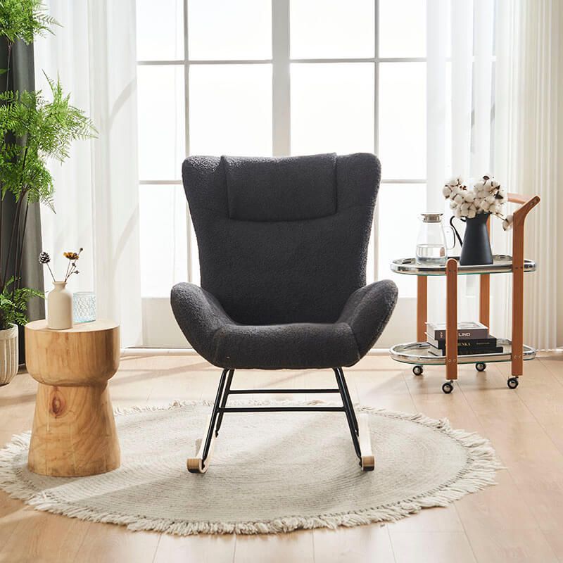 36.5" Modern Nursery Rocking Chair with Wood and Metal Legs - Deep Grey Teddy Fabric