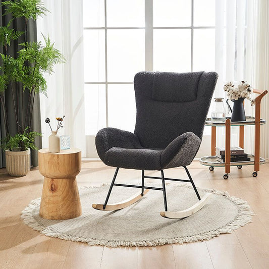 36.5" Modern Nursery Rocking Chair with Wood and Metal Legs - Deep Grey Teddy Fabric