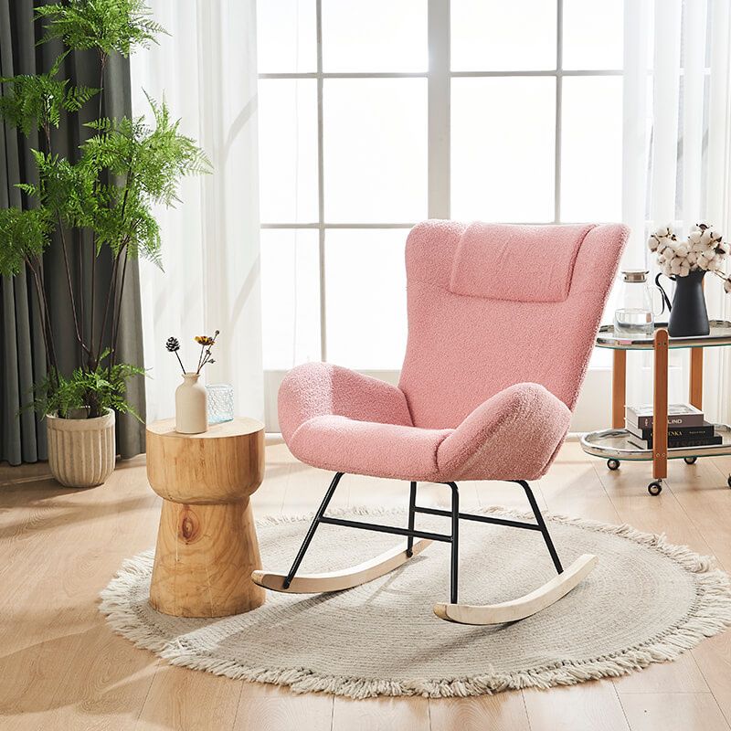 36.5" Modern Nursery Rocking Chair with Wood and Metal Legs - Pink Teddy Fabric