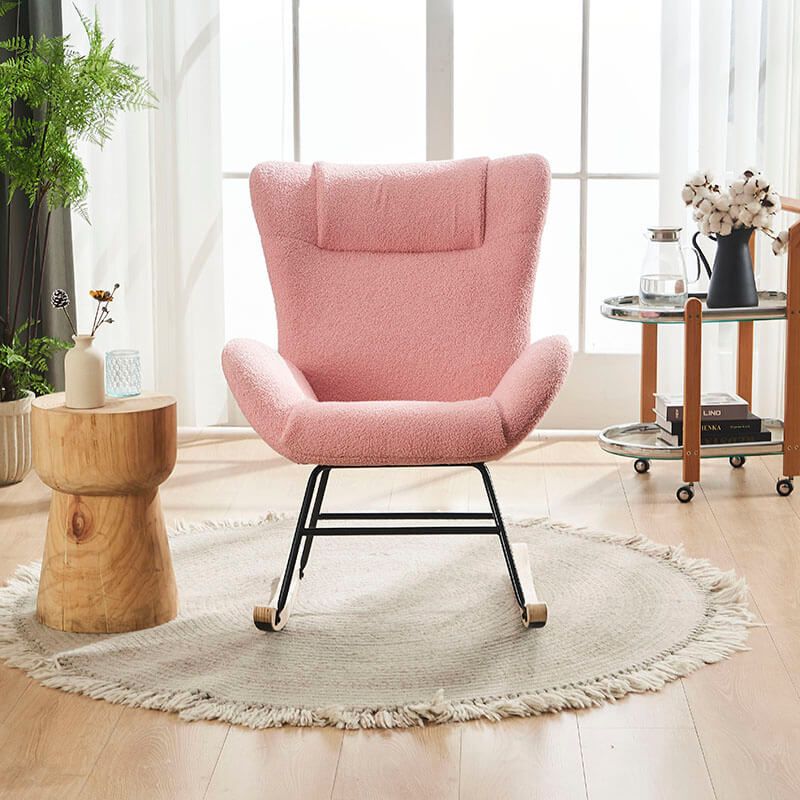 36.5" Modern Nursery Rocking Chair with Wood and Metal Legs - Pink Teddy Fabric