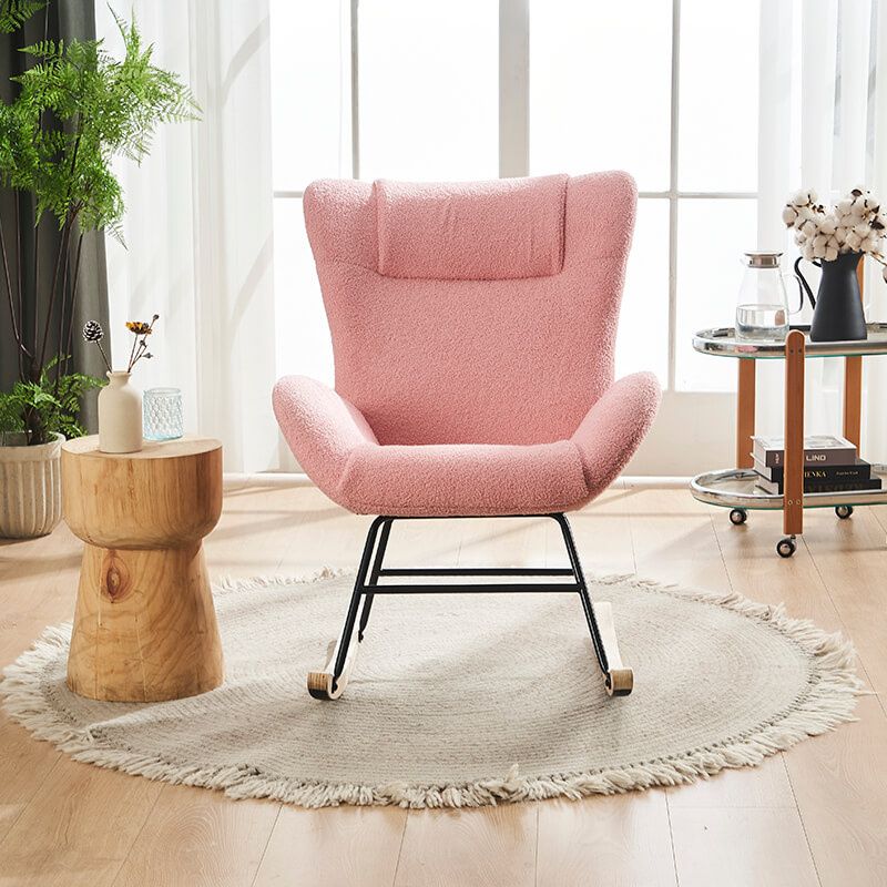 36.5" Modern Nursery Rocking Chair with Wood and Metal Legs - Pink Teddy Fabric