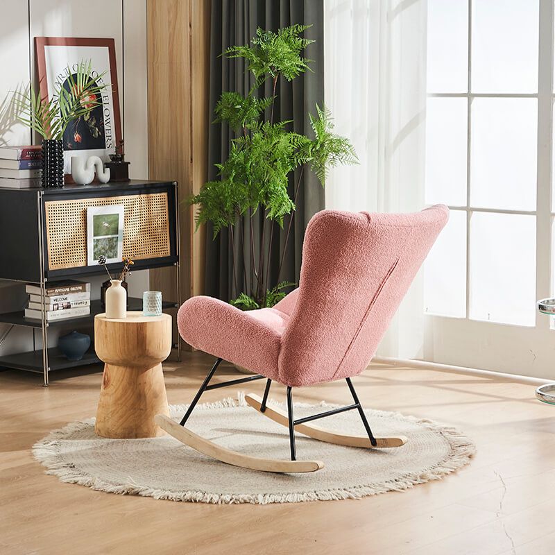 36.5" Modern Nursery Rocking Chair with Wood and Metal Legs - Pink Teddy Fabric