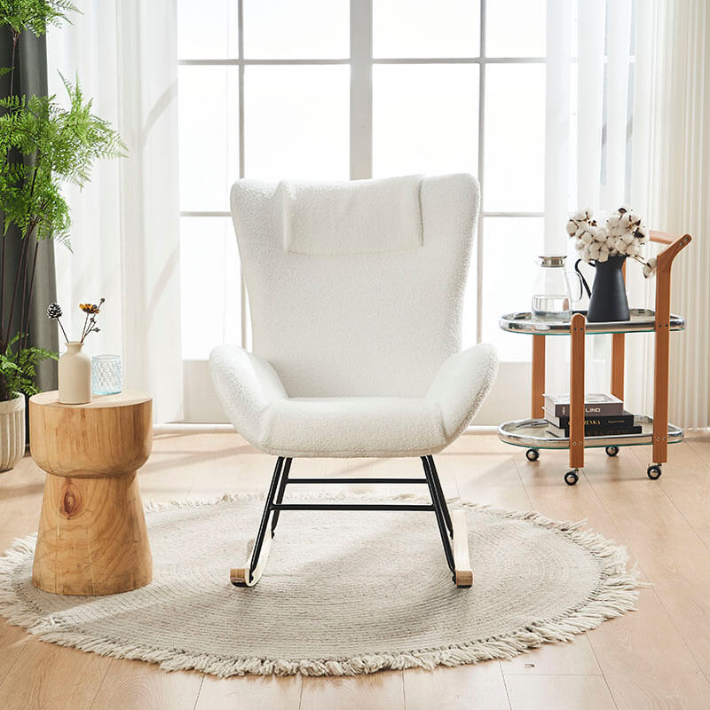 36.5" Modern Nursery Rocking Chair with Wood and Metal Legs - White Teddy Fabric