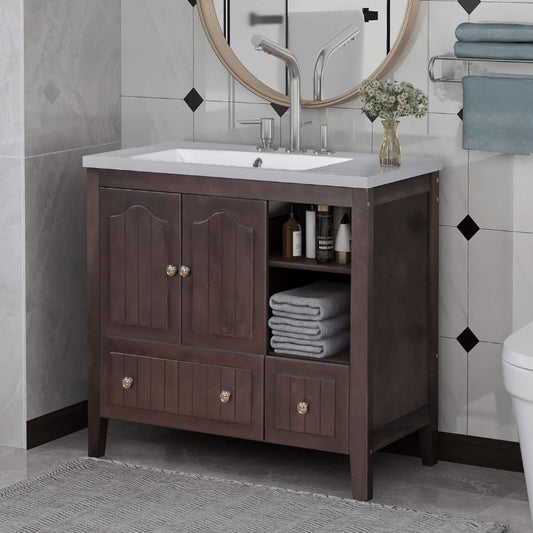 36" Brown Freestanding Bathroom Vanity with Ceramic Basin Drawers and Shelves