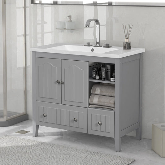 36" Gray Wooden Bathroom Vanity with Ceramic Sink