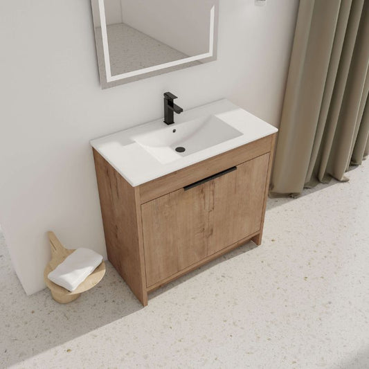 36" Imitative Oak Freestanding Bathroom Vanity with Soft-Close Cabinet Doors