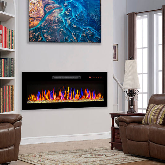 36 Inch Black Recessed Ultra-Thin Tempered Glass Electric Fireplace Heater 