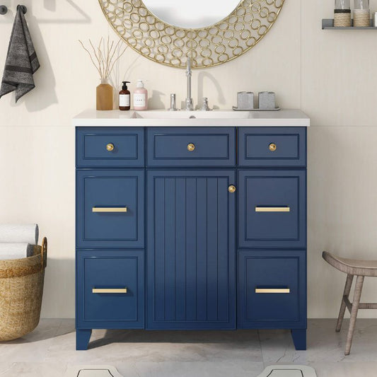 36" Navy Blue Bathroom Vanity Cabinet with Sink Top