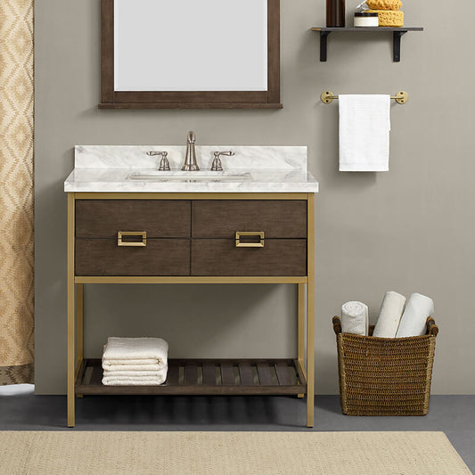 36" Stylish Gold Metal Frame Bathroom Vanity with Natural Carrara Marble Countertop and Open Shelf