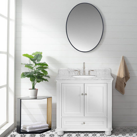 36" White Freestanding Bathroom Vanity with Carrara Marble Top