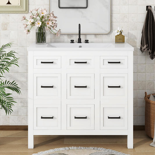 36" White Resin Single Sink Freestanding Bathroom Vanity with 4 Drawers and 2 Doors